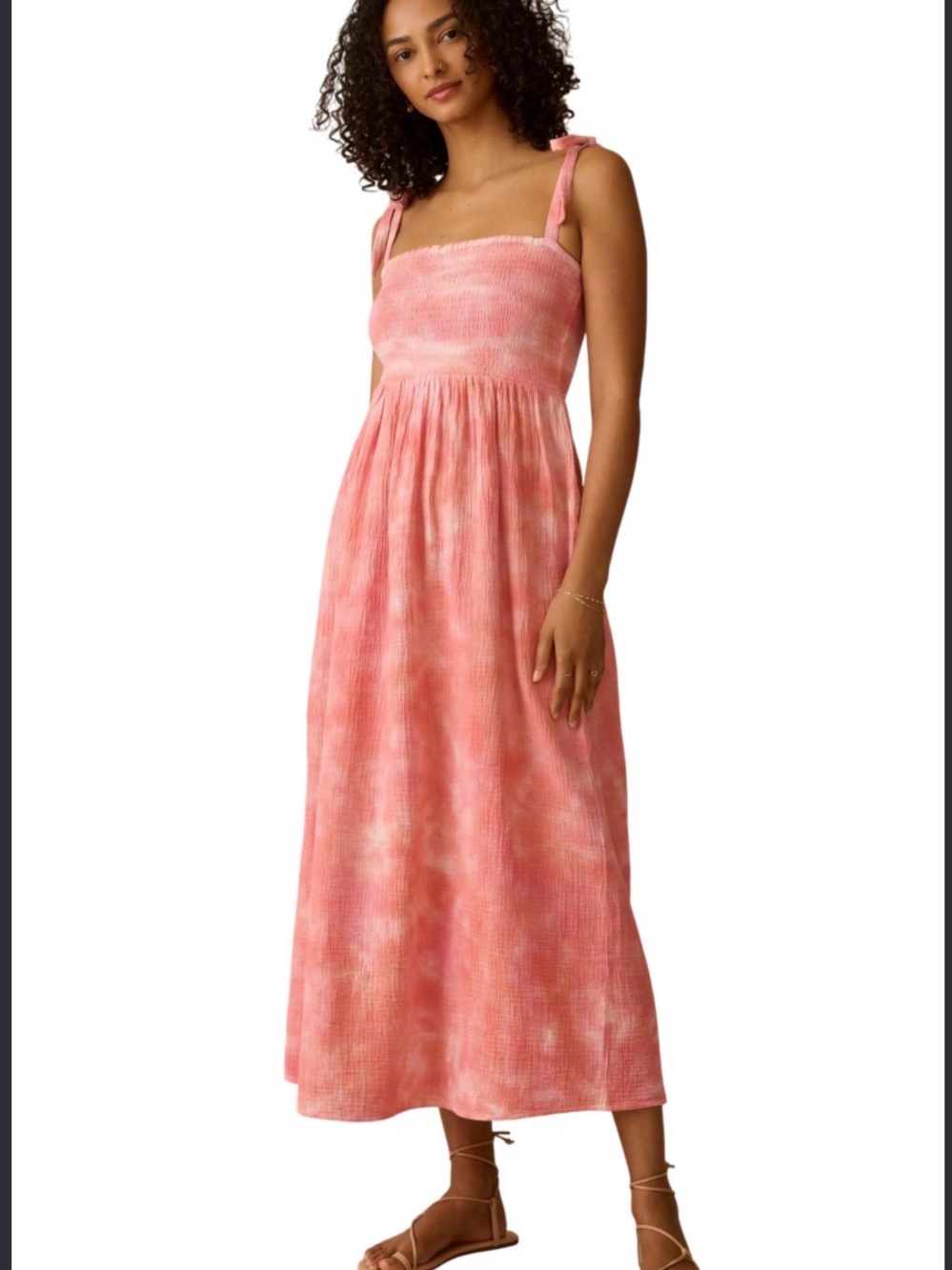 Faherty Coral Pink Smocked Tie-Shoulder Maxi Dress